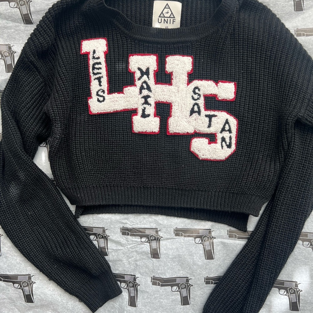 UNIF Black Cropped Sweater with Red and White Lettering